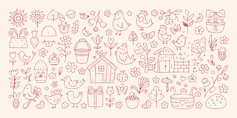 Farm Scene With Chickens Strawberries And Cottage Red Line Art © Minati