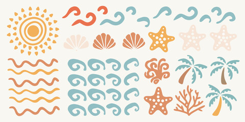 Beach Elements Illustration Sun Seashells Waves Starfish And Palm Trees © Minati