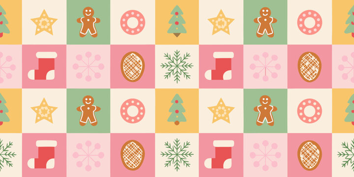 Christmas holiday pattern with gingerbread men ornaments and trees