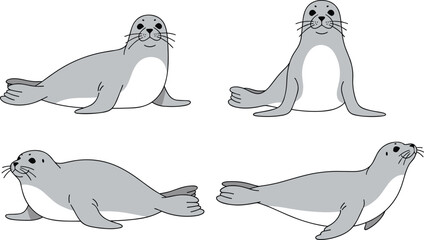 Set of Cute Gray Seal Vector Illustrations with Different Poses and Expressions for Marine Life Education, Wildlife Conservation, and Arctic Animal Graphic Designs © MdShamim