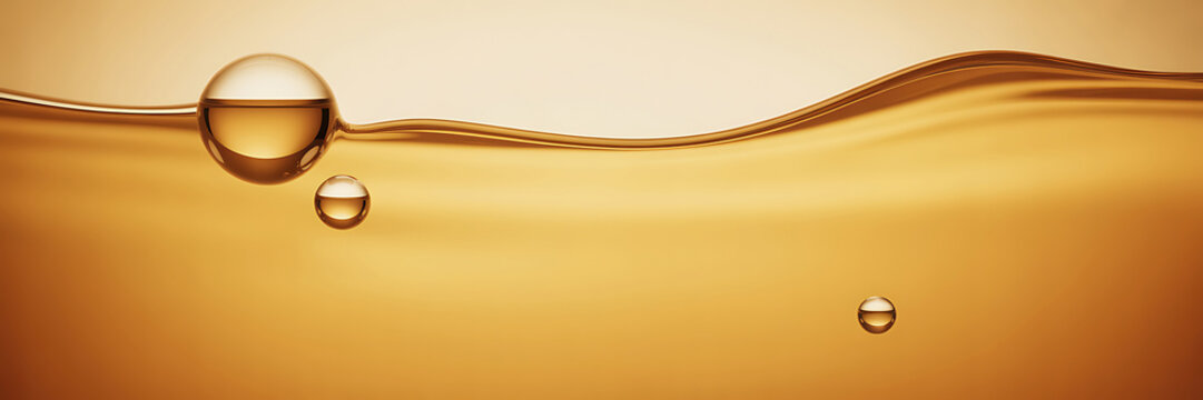 Golden liquid with water droplets on surface in warm lighting conditions