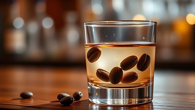 sambuca. Three coffee beans floating in sambuca on a rustic wooden bar. bar promotions, beverage menus, designed for product packaging and bar promotions, used by e-commerce operators.