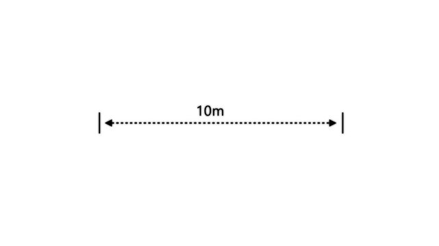 Measuring distance length dotted line animation. A dotted line representing a 10 meter measurement for design and layout purposes.