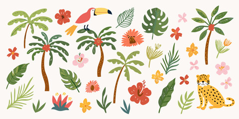 Tropical Floral And Fauna Vector Illustration With Palm Leaves And Toucan © Minati