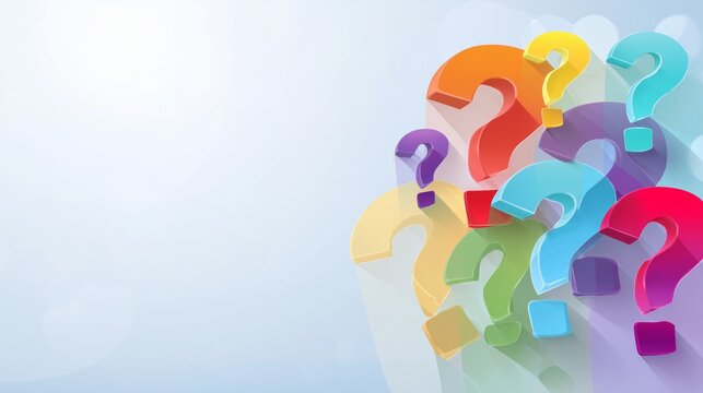 Colorful 3D question marks overlapping and stacked with plenty of space for text. suitable for presentation slides, educational content, and business use