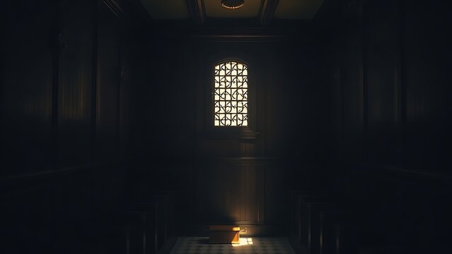 kneeler. The interior of an empty confessional booth with soft light entering through a wooden lattice. event programs, museum guides, designed for cultural heritage projects and event programs.