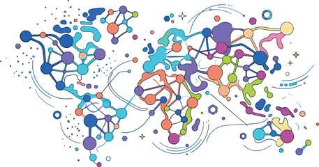 Fototapeta premium Abstract Colorful World Map Network Vector Illustration Featuring Connected Nodes Dots and Lines for Global Technology Data and Communication Designs