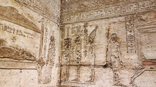 Beautiful bas-reliefs and ancient hieroglyphs from the Dendera Temple Complex, Qena, Egypt.