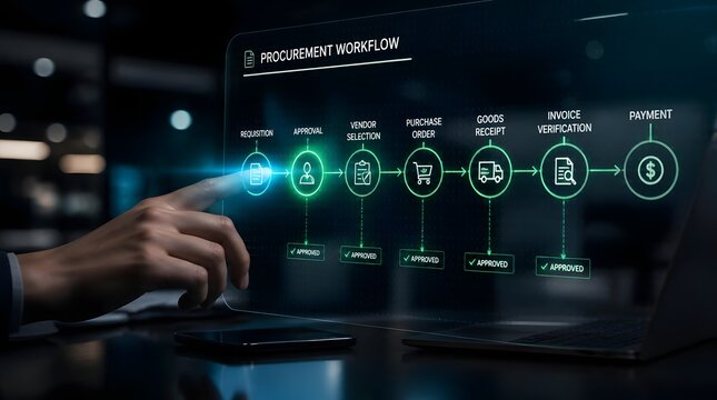 Digital Procurement Workflow Management Interface, Futuristic High-Tech Digital Graphics, Supply Chain and Business Automation, Interactive Holographic Dashboard with Glo