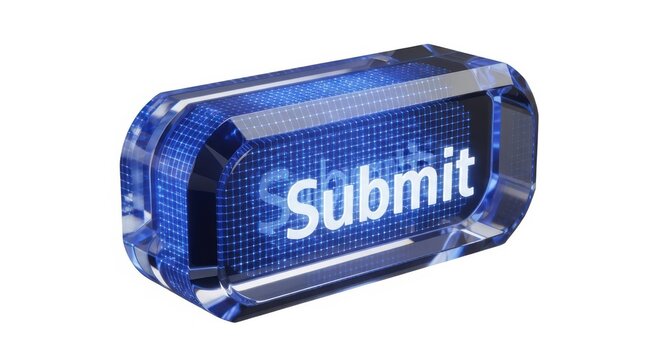 Glowing blue submit button, web interface element, digital 3D icon