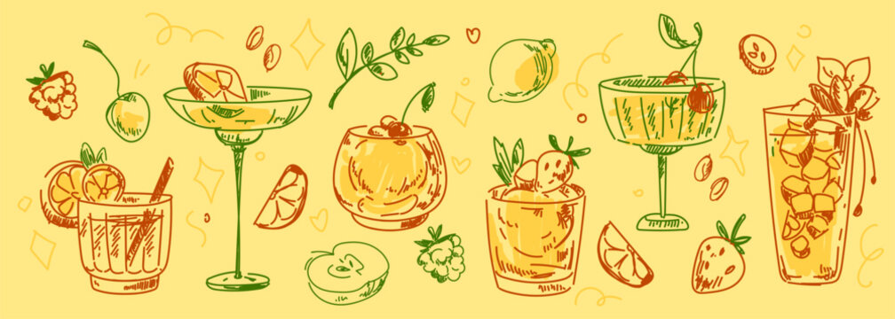 Vintage sketch set of cocktail glasses with tropical drinks on yellow background. Vector illustration of hand drawn beverages with fruit, berries, ice and alcohol, summer bar or party menu design