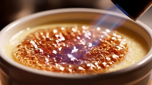 Closeup of Crme Brle being caramelized with a torch.