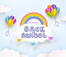 Obraz na płótnie Canvas Back to School banner. Flying 3d balloons and airplanes on blue sky background. Vector poster with drawing kids, paper planes, colorful ballons, rainbow