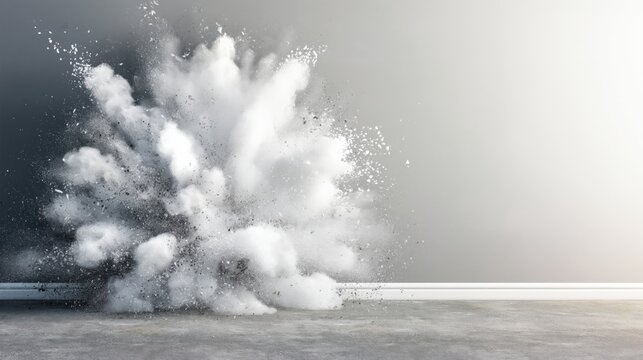 White powder explosion hitting interior wall in empty room