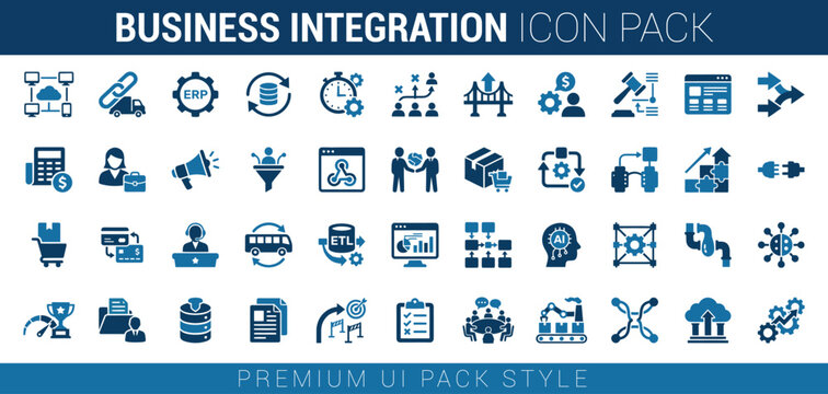 Business Integration Vector Icon Set: ERP, System Automation, and Data Sync Icons