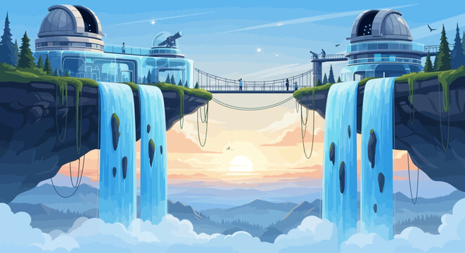 A serene winter landscape featuring a snow-covered river and a small bridge under a clear blue sky captures the cold, natural beauty of travel and nature