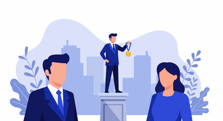 Naklejka premium Businessman Holding Gold Medal on Pedestal for Career Achievement