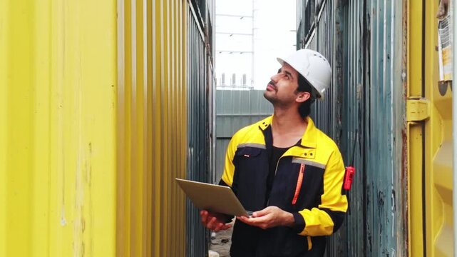 A safety-helmeted inspector in a yellow jacket uses a tablet while examining stacked shipping containers in a narrow aisle at a freight yard.