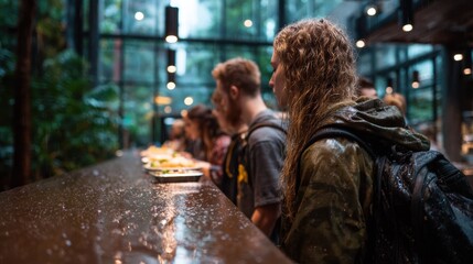 Fototapeta premium A line of individuals gathered at a sleek wooden bar counter in a modern cafeteria, surrounded by lush indoor foliage. The atmosphere feels inviting and connected with nature.