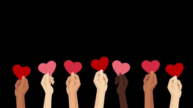 Animated hands holding red hearts rising up and gently swaying before moving down. Seamless loop animation on transparent background with alpha channel. Love, care and support concept.