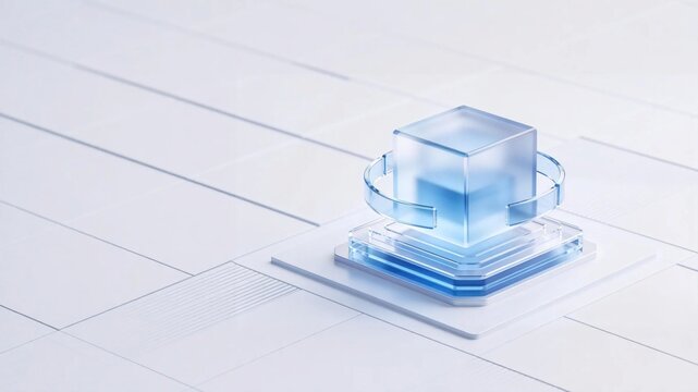 Minimal futuristic tech concept with glowing translucent blue glass cube surrounded by circular glass ring on stacked transparent platform on white tiled background