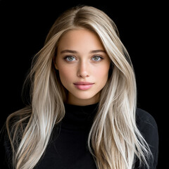 Naklejka premium Blonde woman portrait blue eye long hair black top youthful natural makeup confident beauty studio black background