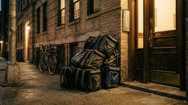 Piles of backpacks near a building entrance on a quiet urban street at dusk
