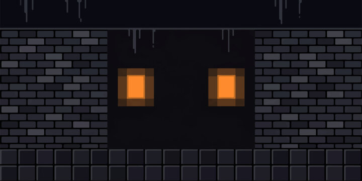 A pixelated, dark entity with glowing orange eyes peers out from behind a brick wall in this retro-inspired graphic. for ui, web, art, design, background, etc.