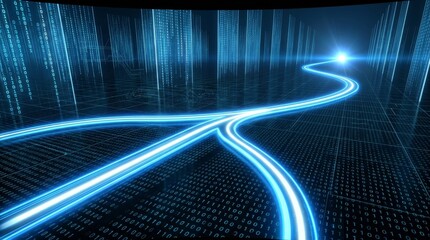 Sreaming data, binary data moving on a digital road - Digital Code road, ai, artificial intelligence concept - 3d illustration