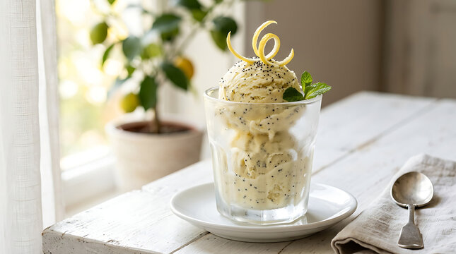 Double Scoop Lemon Poppy Seed Ice Cream Delight with Fresh Mint Garnish and Citrus Zest