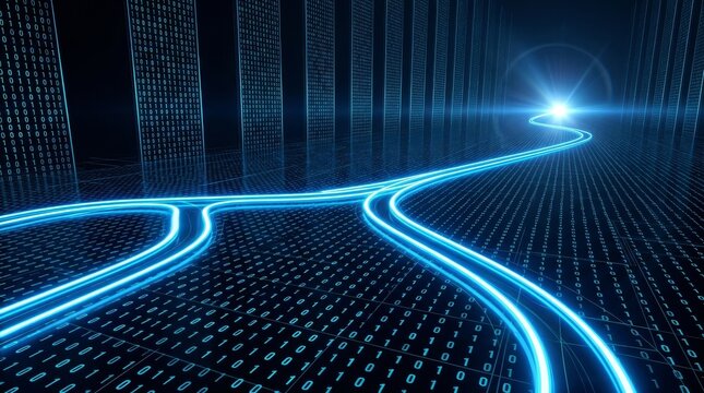 Sreaming data, binary data moving on a digital road - Digital Code road, ai, artificial intelligence concept - 3d illustration