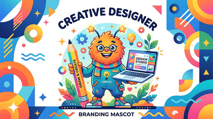Fototapeta premium Colorful Graphic Designer Mascot Character with Creative Art Elements