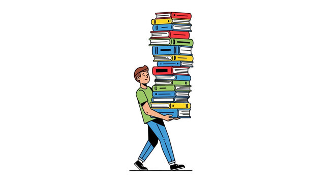Cartoon man carrying a tall stack of colorful books
