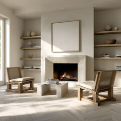 Obraz premium Modern living room with fireplace wooden chairs neutral tones minimalist decor natural light cozy atmosphere elegant style serene mood