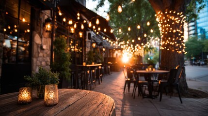 Fototapeta premium An aesthetic outdoor cafe scene adorned with string lights and cozy ambiance during sunset, depicting a captivating environment for social gatherings and romance.