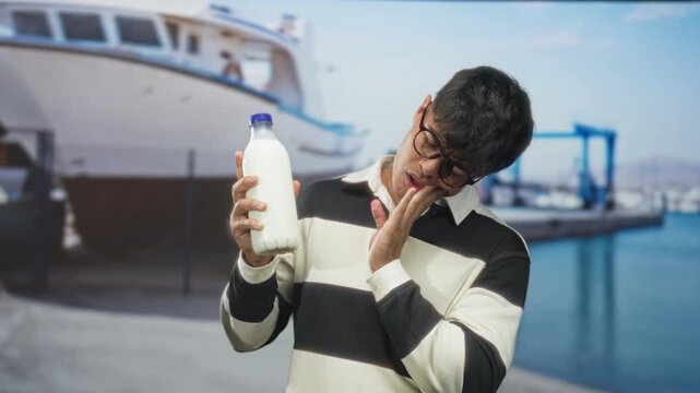 Young hispanic man holding a sealed milk bottle, tilting it to inspect the contents while touching his cheek in a studio; uncertainty product testing.