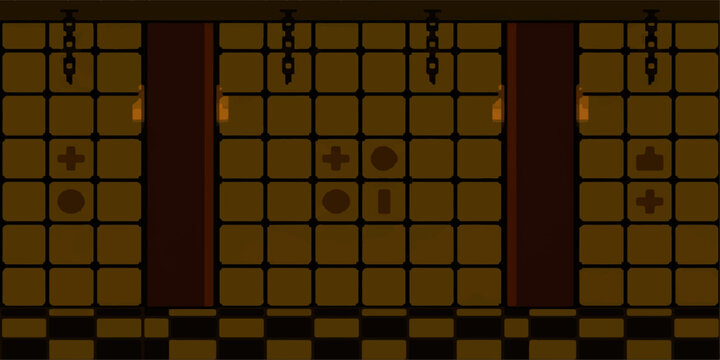 A dimly lit dungeon room with stone walls, checkered floor, chains hanging from the ceiling. for ui, web, art, design, background, etc.