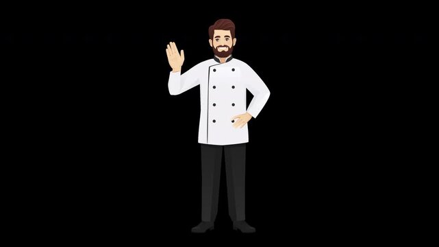 Full body cartoon chef man waving hand in greeting gesture. Seamless loop animation on transparent background with alpha channel. Friendly cook character for food and restaurant concept