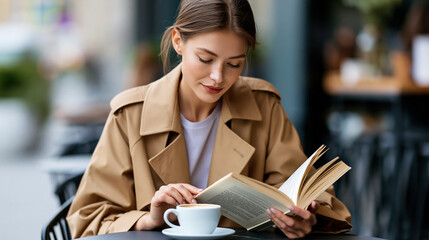 Fototapeta premium Girl in a trench coat reading a book at a cafe table, intellectual lifestyle concept, cozy bookworm moment, defocused background, with copy space