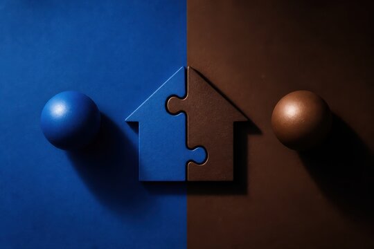 Abstract teamwork concept with puzzle house pieces and spheres on split blue and brown background