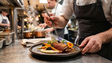 Fototapeta premium Chef meticulously plating a gourmet dish with tongs in a bustling professional kitchen, steam rising.