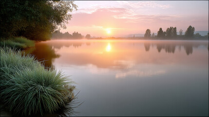Soft pastel sunrise over calm lake with mist, tranquil water, lush grass, serene landscape, peaceful morning reflection