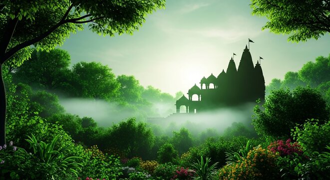 Hariyali Teej Festival Banner with Temple Silhouette Surrounded by Lush Greenery and Mystical Mist for Hindu Monsoon Celebration Background
