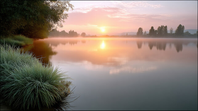Soft pastel sunrise over calm lake with mist, tranquil water, lush grass, serene landscape, peaceful morning reflection