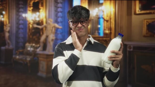 Man holding milk bottle, touching cheek for toothache in ornate museum building with statues and gilded frames; lactose intolerance discomfort.