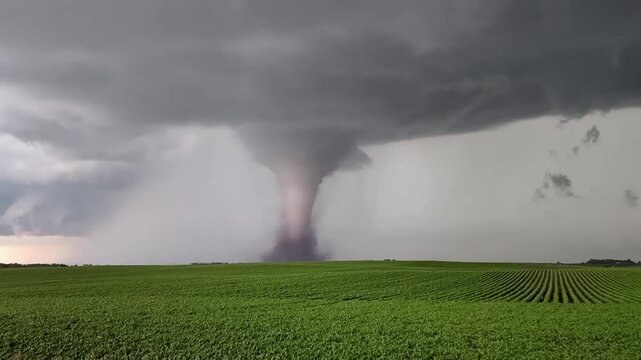 A panoramic view of a thunderstorm spawning a massive tornado as it rips through cultivated fields.