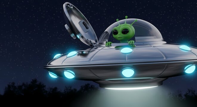 Cartoon Alien Character in Flying Saucer Spaceship at Night