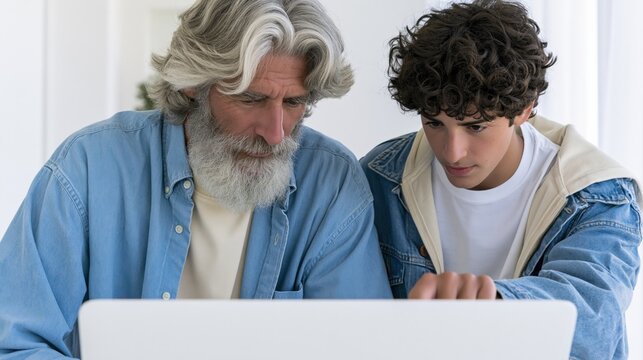 Older man teaching teenage boy with laptop at table