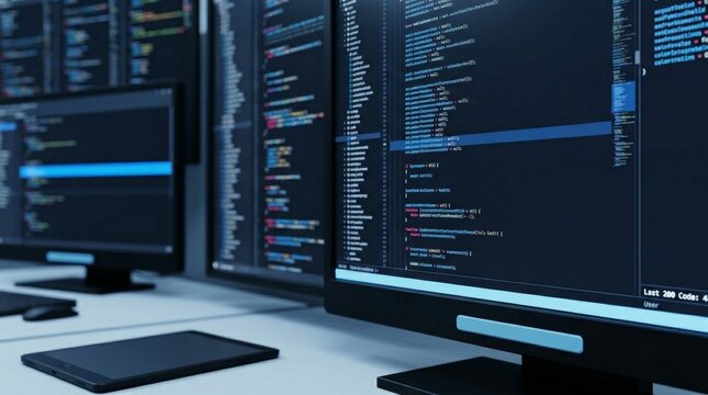 Desktop Computer Screens Show Coding Language User Interface. Program Development, Code, web programming concept. 3d rendering