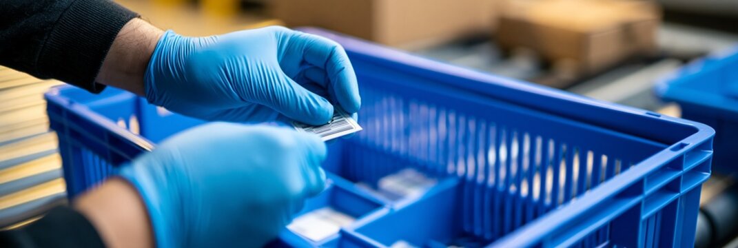 Gloved hands gently attaching a wireless RFID tag on a reusable plastic tote at a minimalist warehouse packing station highlighting sustainable inventory tracking with soft side
